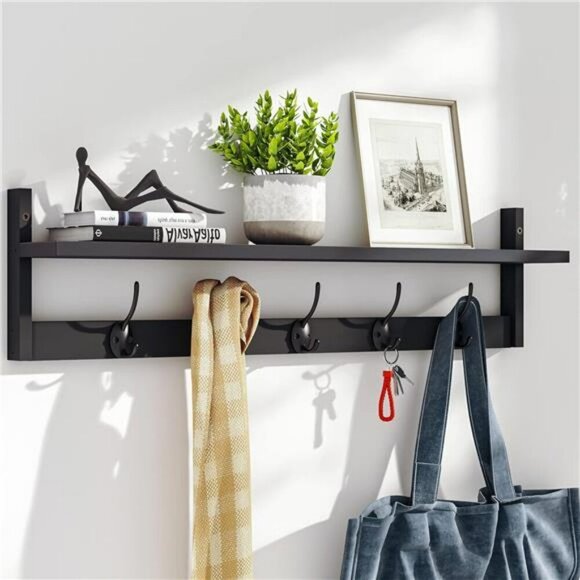 Wall Mounted Shelf With Hooks Entryway Organizer Rack Black Wood Hanging Shelf - Picture 1 of 8
